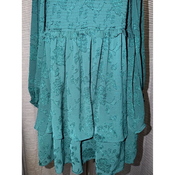 Arula Ellenie-P Green Floral Burnout Smocked Tiered Mini Dress Womens A 1X 14 G2 - Picture 5 of 9